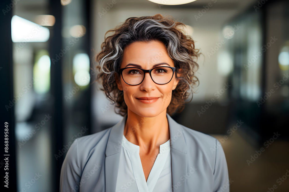 Portrait of a middle-aged businesswoman with wavy gray hair looking at the camera in the office or in the company where she works as a manager, showing confidence. Generative Ai. Portrait of a middle-aged businesswoman with wavy gray hair looking at the camera in the office or in the company where she works as a manager, showing confidence. Generative Ai.