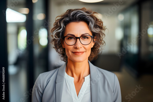Portrait of a middle-aged businesswoman with wavy gray hair looking at the camera in the office or in the company where she works as a manager, showing confidence. Generative Ai.
