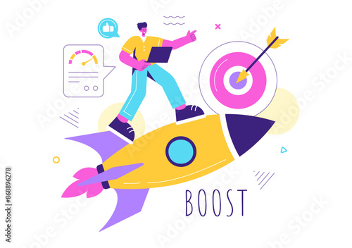 Business Boost Vector Illustration with a Digital Marketing Rocket, Company Career Success in Development and Profit Increase on a Flat Background