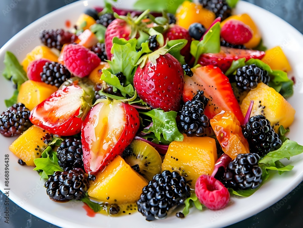 Obraz premium Fruit salad with fresh berries and mint on plate