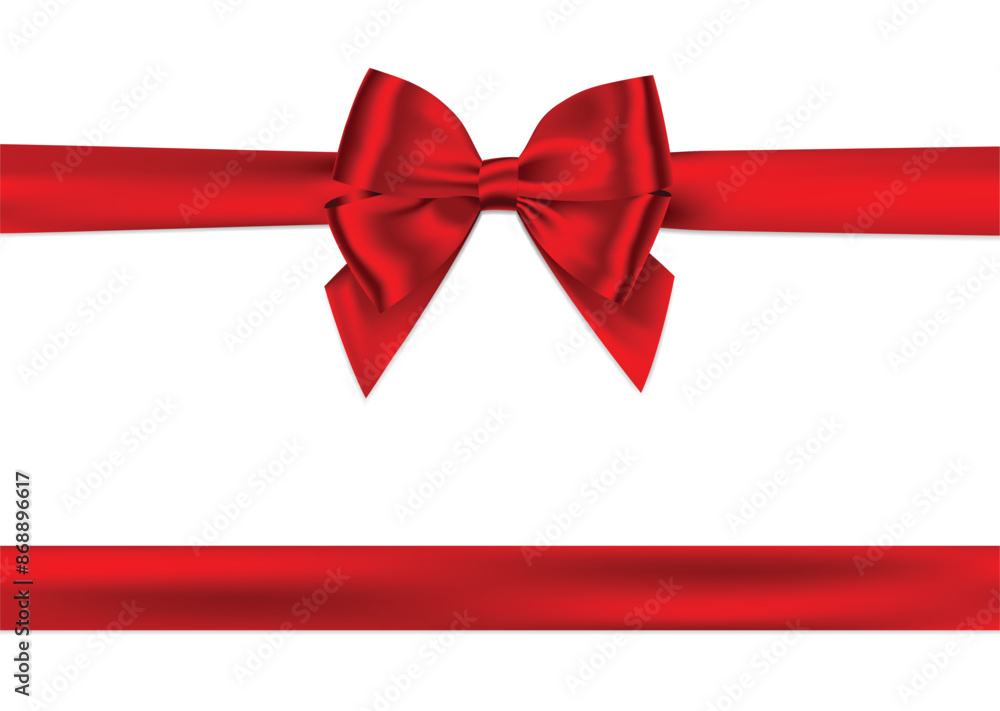 Red bow and horizontal ribbon realistic shiny satin with shadow for decorate your greeting card, wedding invitation card or website vector EPS10 isolated on white background Red bow and horizontal ribbon realistic shiny satin with shadow for decorate your greeting card, wedding invitation card or website vector EPS10 isolated on white background