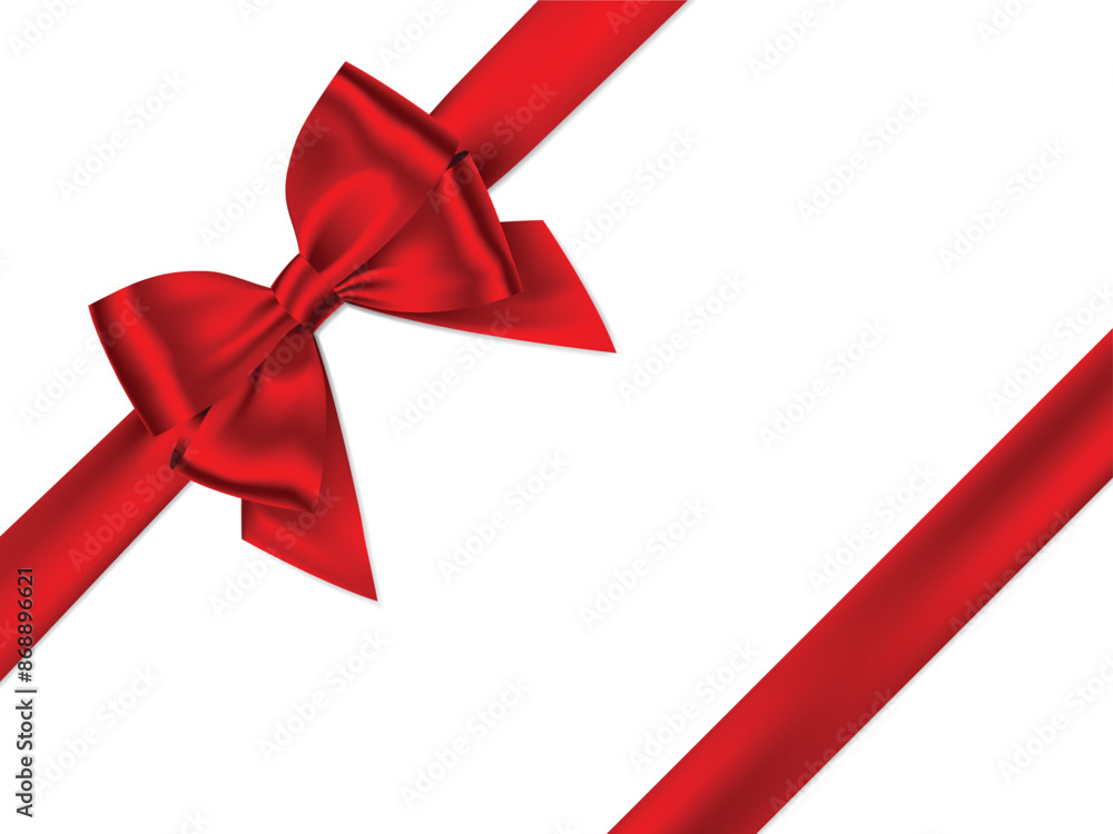 Red Ribbon Bow Realistic shiny satin with shadow ribbon place on corner of paper for decorate your wedding invitation card ,greeting card or gift boxes vector EPS10 isolated on white background. Red Ribbon Bow Realistic shiny satin with shadow ribbon place on corner of paper for decorate your wedding invitation card ,greeting card or gift boxes vector EPS10 isolated on white background.