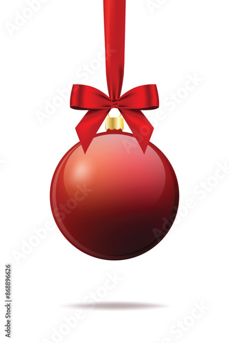 Christmas ball glossy with red bow and ribbon realistic shiny satin for decorate you christmas card or website vector EPS10 isolated on white background.