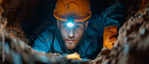 Realistic plumber in a crawl space installing drainage pipes, wearing a headlamp and using a pipe cutter, natural lighting, high detail