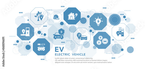 EV electric vehicle car concept. eco power from produced sustainable source to supply to charger station in order to reduce CO2 emission, green eco technology. Vector illustration.