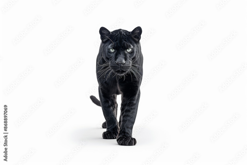 Black panther on white background, front view, serious expression. Black panther on white background, front view, serious expression.