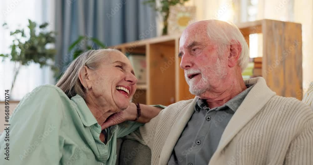 Senior, happy couple and laughing with funny memory, joke or humor in reminisce at home. Elderly man, woman or old lovers with smile in relax on sofa for bonding, love or fun communication at house Senior, happy couple and laughing with funny memory, joke or humor in reminisce at home. Elderly man, woman or old lovers with smile in relax on sofa for bonding, love or fun communication at house
