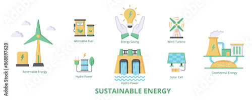 Sustainable Energy Flat Banner Web Icon Set Vector Illustration, Renewable Energy Hydro Power Green Energy Alternative Fuel Solar Cell Energy Saving Wind Turbine Geothermal Energy