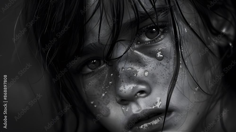 Closeup of a young girl with tears rolling down her cheek. Closeup of a young girl with tears rolling down her cheek.