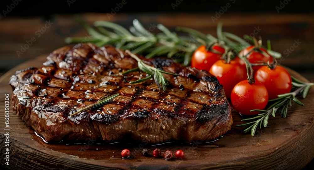 Grilled Steak With Rosemary and Tomatoes on Wooden Cutting Board Grilled Steak With Rosemary and Tomatoes on Wooden Cutting Board