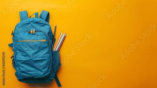 Blue Backpack with School Supplies on Bright Yellow Background Ready for School photo