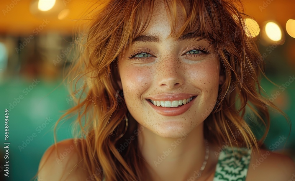Portrait of Beautiful Smiling Woman Winking, Long Ginger Hair with Bangs, Green and White Tracksuit, Orange Background
Portrait of Beautiful Smiling Woman Winking, Long Ginger Hair with Bangs, Green and White Tracksuit, Orange Background