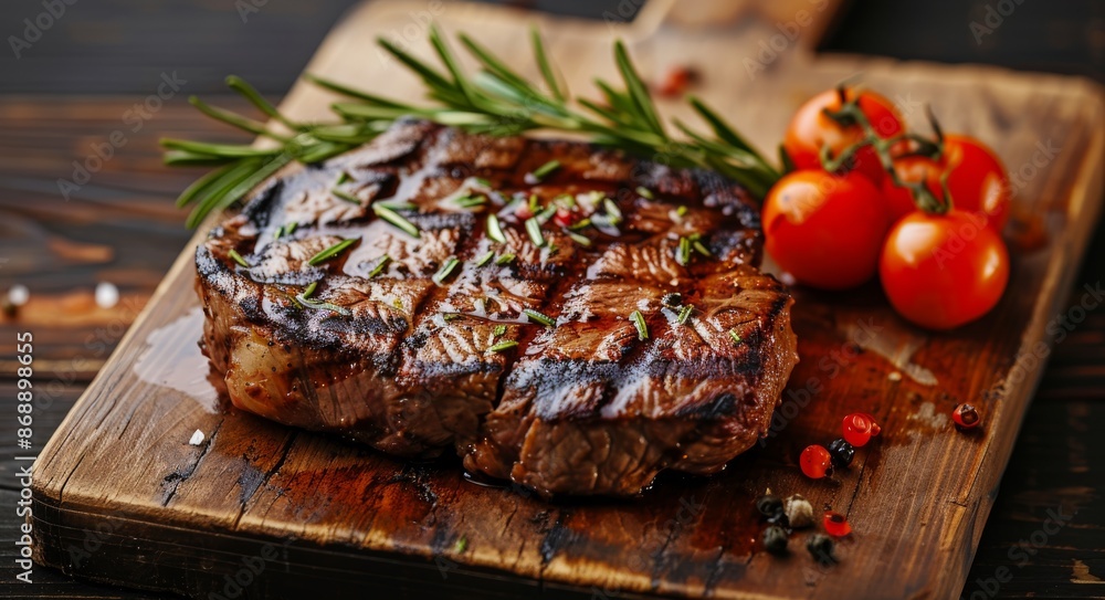 Grilled Steak With Rosemary and Tomatoes on Wooden Cutting Board Grilled Steak With Rosemary and Tomatoes on Wooden Cutting Board