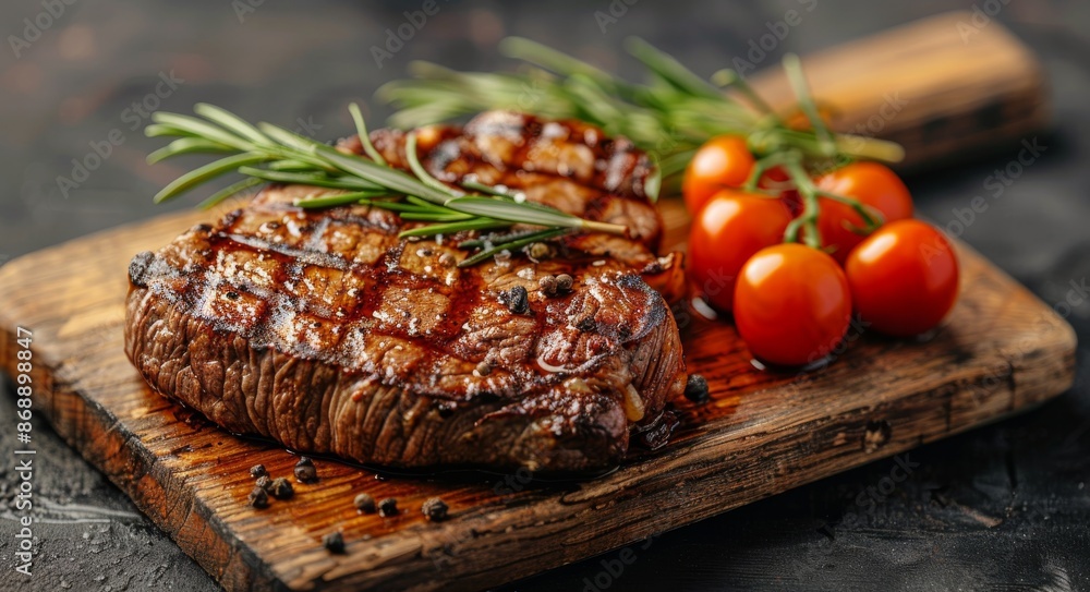 Grilled Steak With Rosemary and Tomatoes on Wooden Cutting Board Grilled Steak With Rosemary and Tomatoes on Wooden Cutting Board