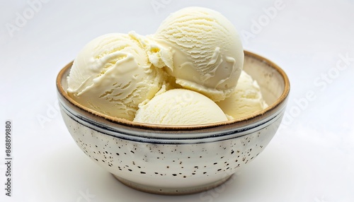 Scoops of vanilla ice cream in a bowl on a white background