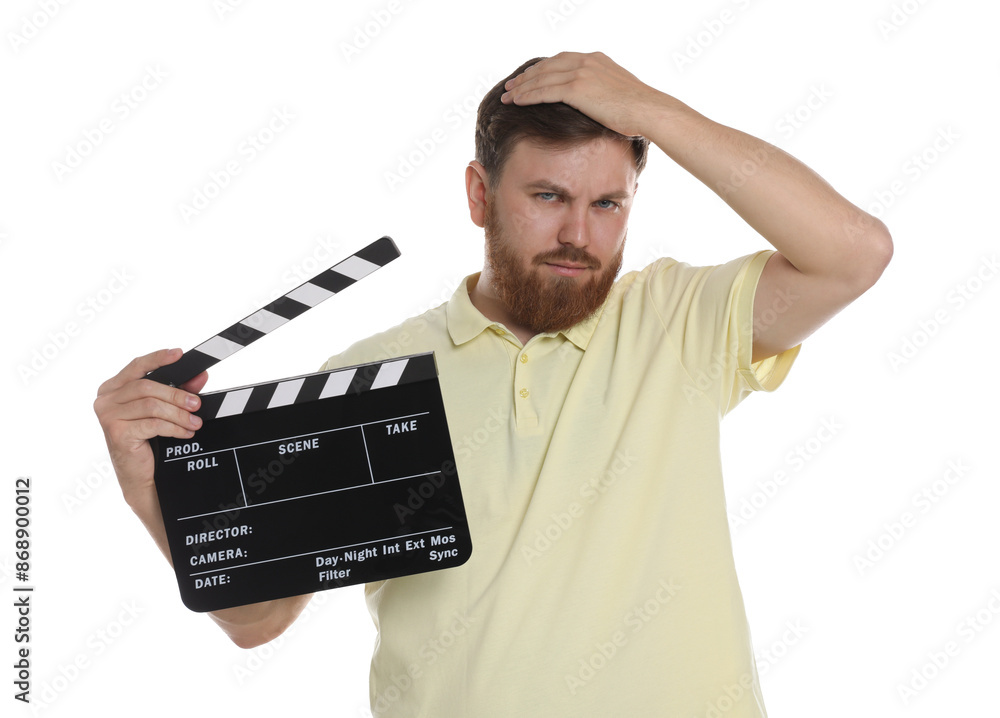 Making movie. Confused man with clapperboard on white background