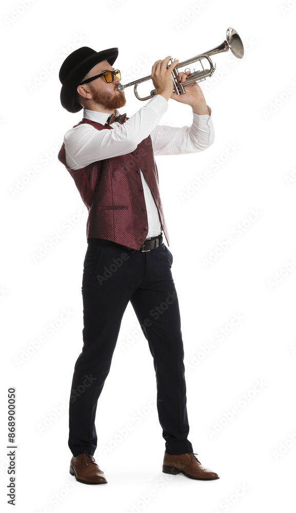 Handsome musician playing trumpet on white background Handsome musician playing trumpet on white background