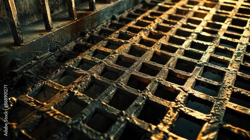 industrial abstract intricate demister pad closeup mazelike metallic structure dynamic interplay of light and shadow gritty textures amidst factory atmosphere photo