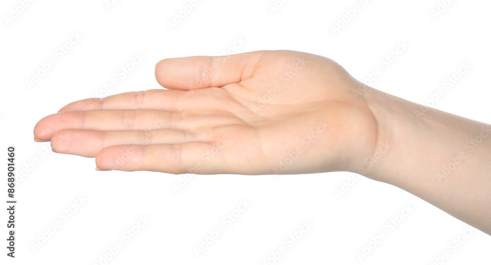Woman showing hand on white background, closeup Woman showing hand on white background, closeup