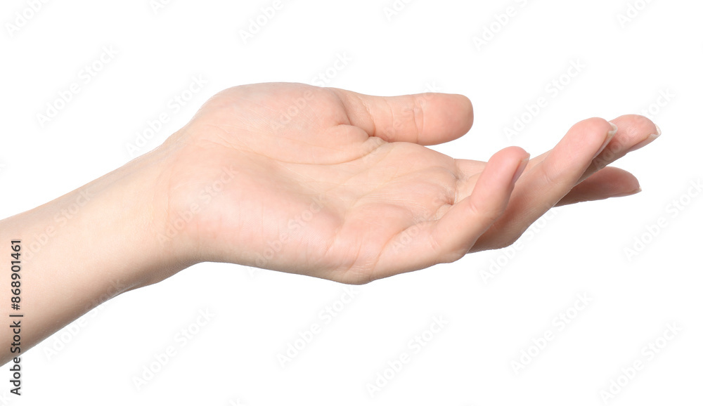Woman showing hand on white background, closeup Woman showing hand on white background, closeup