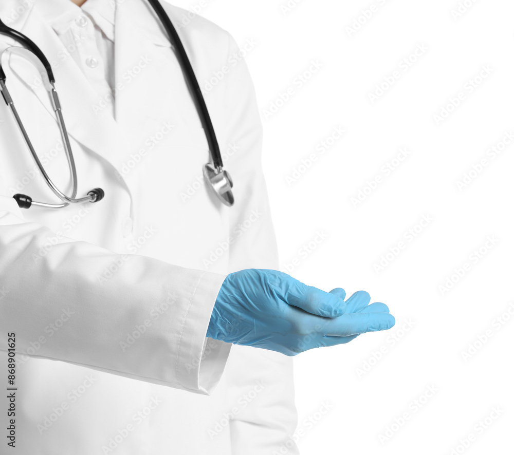Doctor holding something on white background, closeup Doctor holding something on white background, closeup