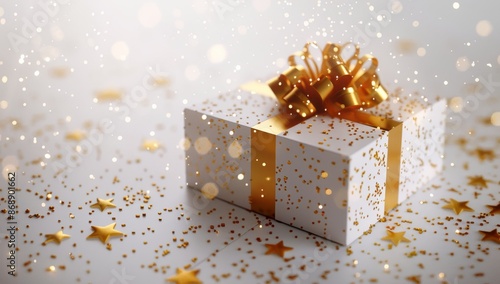 White Gift Box With Gold Ribbon and Confetti on White Background