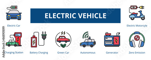 Electric Vehicle Lineal Color Banner Web Icon Set Vector Illustration, Electric Car Charging Station Battery Charging Green Car Autonomous Generator Zero Emission Electric Motorcycle