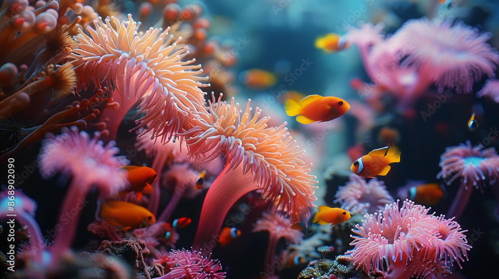 Naklejka premium underwater reef showcases small colorful fish and coral, AI Generative
