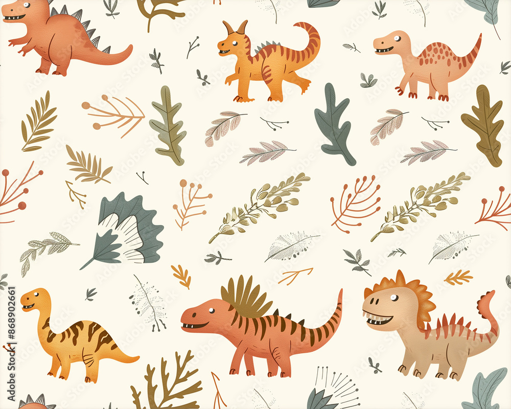 Seamless Cute gift wrapping pattern and wallpaper with different dinosaurs, dino background, post card, birthday card room decoration and wallcovering Seamless Cute gift wrapping pattern and wallpaper with different dinosaurs, dino background, post card, birthday card room decoration and wallcovering