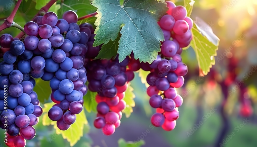 In a vineyard bathed in sunlight, luscious bunches of ripe grapes dangle from the vines, offering the delicious essence of summer's harvest encapsulated in every juicy fruit. In a vineyard bathed in sunlight, luscious bunches of ripe grapes dangle from the vines, offering the delicious essence of summer's harvest encapsulated in every juicy fruit.