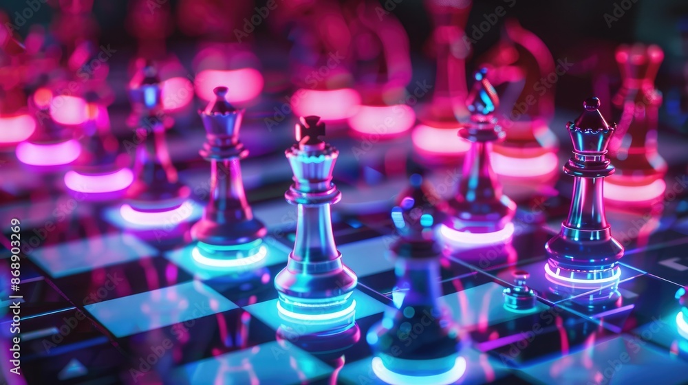Neon-lit chessboard with glowing chess pieces, showcasing a futuristic and vibrant scene. Perfect for strategy, competition, and gaming concepts. Neon-lit chessboard with glowing chess pieces, showcasing a futuristic and vibrant scene. Perfect for strategy, competition, and gaming concepts.