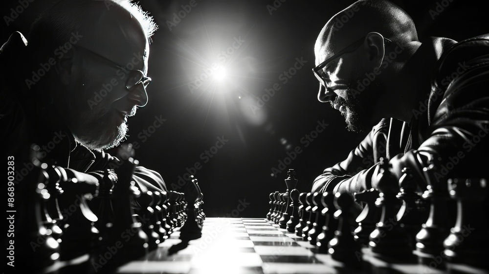 Two mature men face off in an intense chess match, backlit, creating dramatic shadows and a focused atmosphere. Two mature men face off in an intense chess match, backlit, creating dramatic shadows and a focused atmosphere.