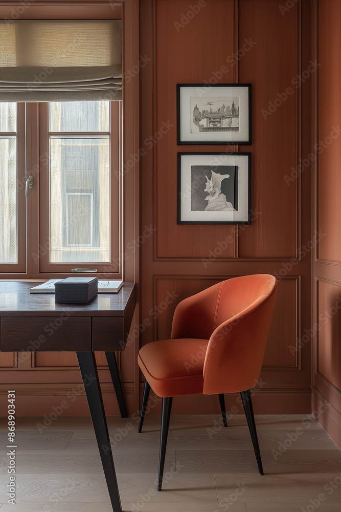 Fototapeta premium Modern Minimalist Home Office with Dark Wood Desk and Terracotta Walls
