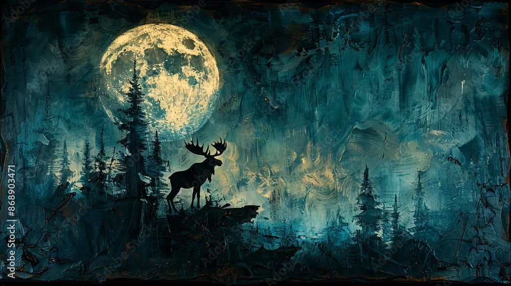 Obraz premium An illustration of the full moon over woods with a moose.