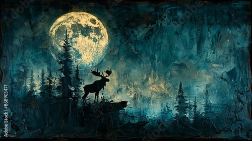 An illustration of the full moon over woods with a moose.  photo