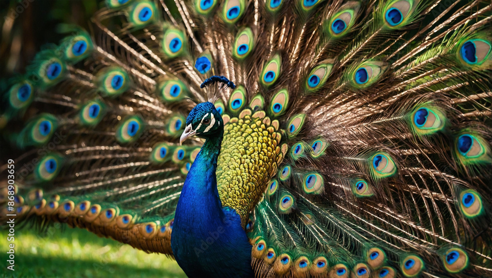 Obraz premium A vibrant peacock with its stunning tail feathers fully fanned out
