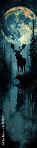 An illustration of the full moon over woods with a moose.  © Elle Arden 