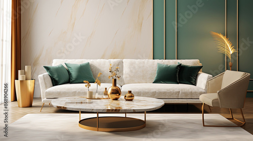 Living modern home brown green tone interior room and luxury gold marble on wall and decorate modern of furniture