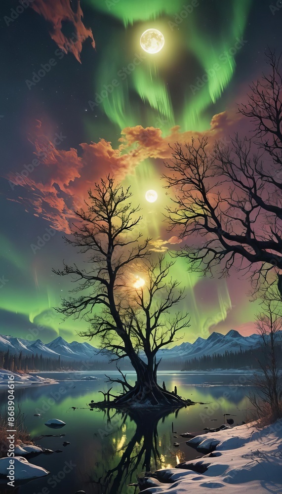 Beautiful Northern lights over bare trees and a lake. Beautiful Northern lights over bare trees and a lake.