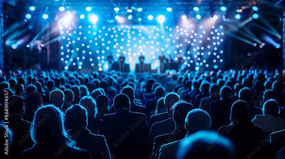 A technology conference with keynote speakers presenting to a large audience A technology conference with keynote speakers presenting to a large audience