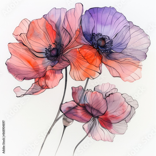 Elegant Watercolor Floral Illustration of Vibrant Poppies in Red and Purple Hues on a White Background