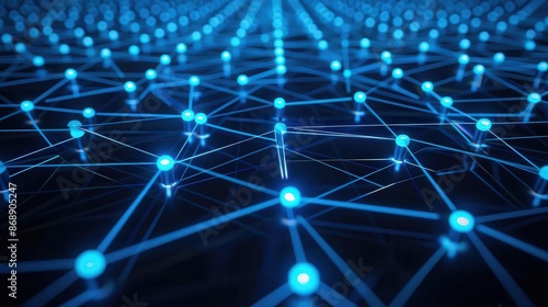 futuristic network of glowing interconnected nodes forming abstract geometric patterns against a deep blue technologyinspired background photo