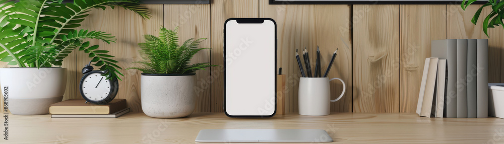 Clean and modern desk, blank smartphone screen, product mock up style Clean and modern desk, blank smartphone screen, product mock up style
