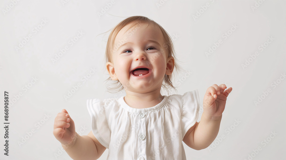 Cute Baby Girl Laughing and Standing in White Outfit Cute Baby Girl Laughing and Standing in White Outfit