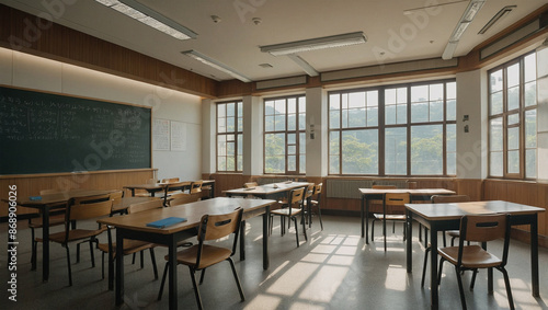 A modern Korean-themed classroom with neatly arranged tables and chairs, a large blackboard in front
