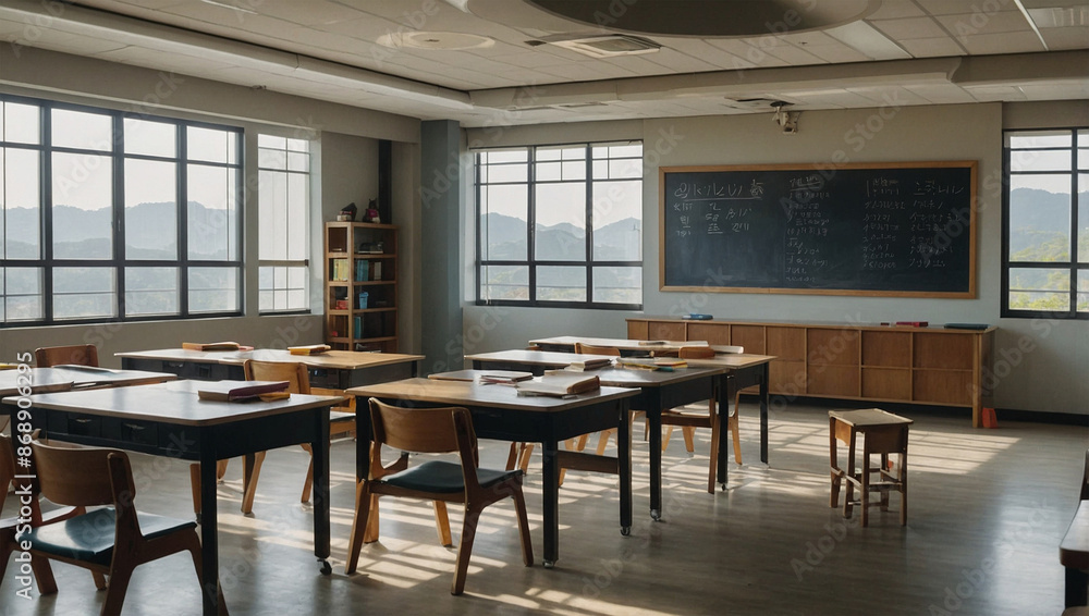 A modern Korean-themed classroom with neatly arranged tables and chairs, a large blackboard in front A modern Korean-themed classroom with neatly arranged tables and chairs, a large blackboard in front