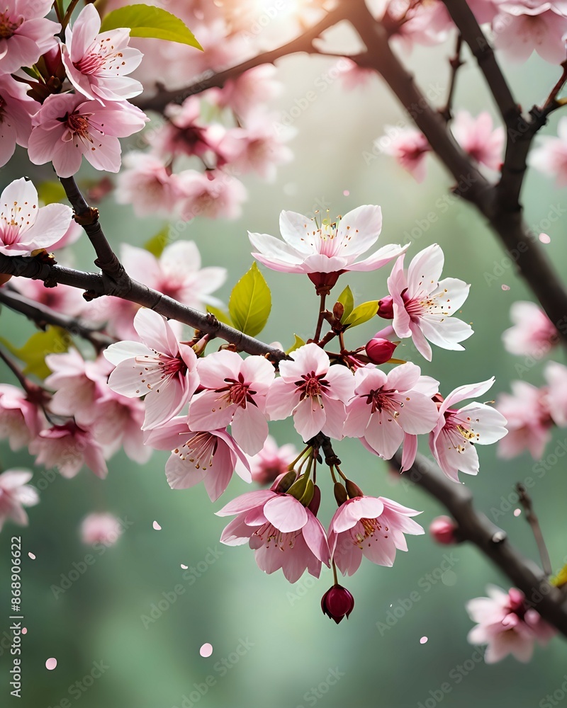 Obraz premium This image shows a cherry blossom branch with lots of pink flowers and hanging buds. The background is blurry, depicting a beautiful natural atmosphere