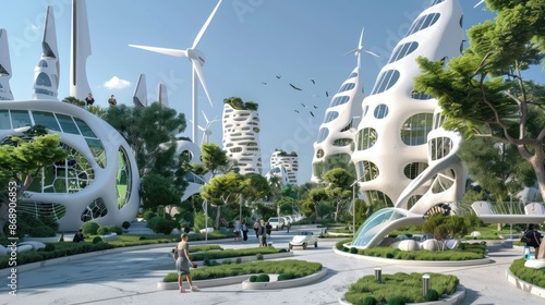 Futuristic Cityscape with Organic Architecture and Wind Turbines