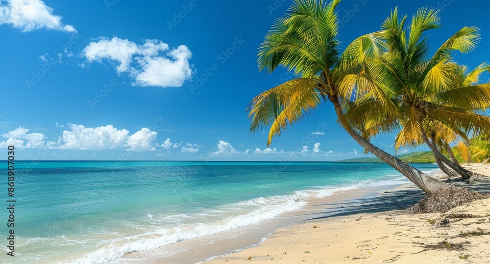Palm Tree Leaning Over Sandy Beach on a Sunny Day Palm Tree Leaning Over Sandy Beach on a Sunny Day
