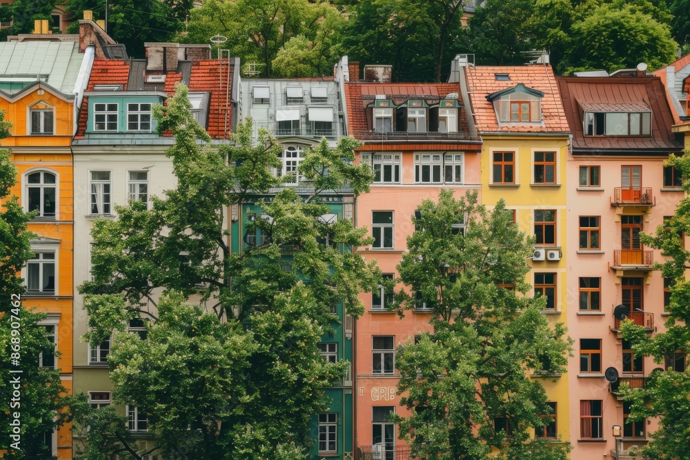 Fototapeta premium Row of Colorful Buildings with Lush Green Trees